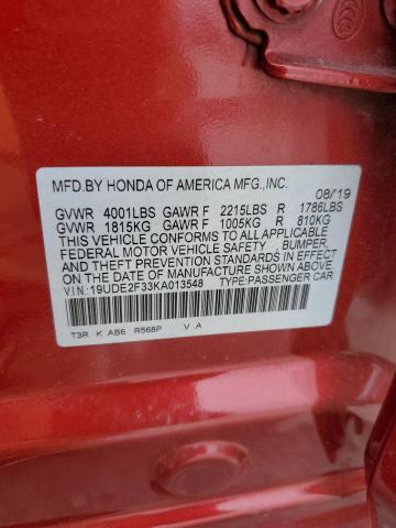 19UDE2F33KA013548 - 2019 ACURA ILX RED photo 13