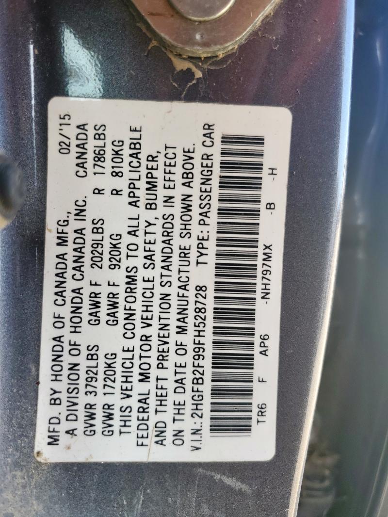 2HGFB2F99FH528728 - 2015 HONDA CIVIC EXL BLACK photo 12