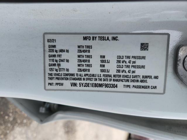 5YJ3E1EB0MF903304 - 2021 TESLA MODEL 3 Білий фото 13