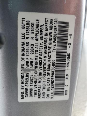 19XFB2F89CE004900 - 2012 HONDA CIVIC EX SILVER photo 13