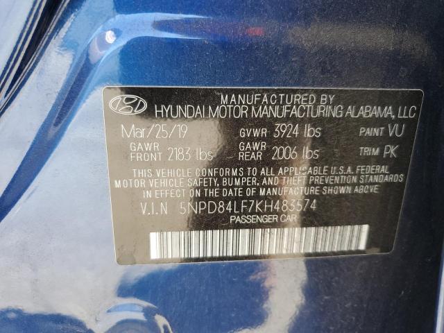 5NPD84LF7KH483574 - 2019 HYUNDAI ELANTRA SEL BLUE photo 12