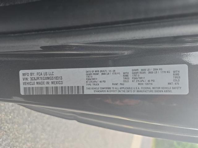 3C6JR7EGXMG518313 - 2021 RAM 1500 CLASS SLT ნაცრისფერი ფოტო 10
