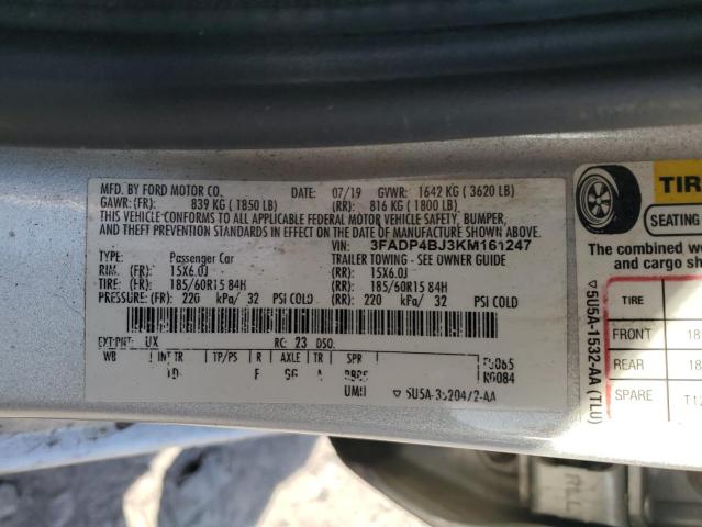 3FADP4BJ3KM161247 - 2019 FORD FIESTA SE SILVER photo 12