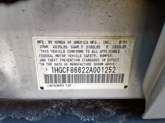 1HGCF86622A001252 - 2002 HONDA ACCORD VALUE  photo 10