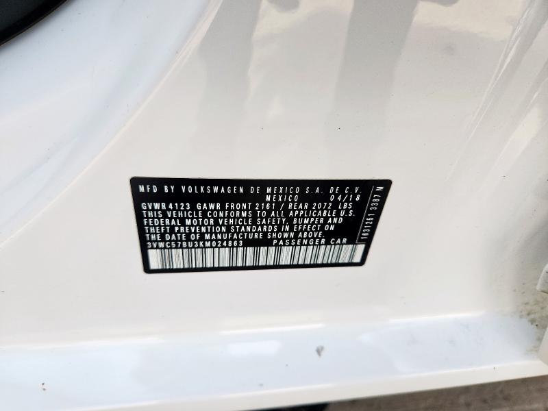 3VWC57BU3KM024863 - 2019 VOLKSWAGEN JETTA S თეთრი ფოტო 12