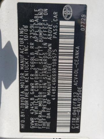 4T4BE46K69R108575 - 2009 TOYOTA CAMRY BASE WHITE photo 12