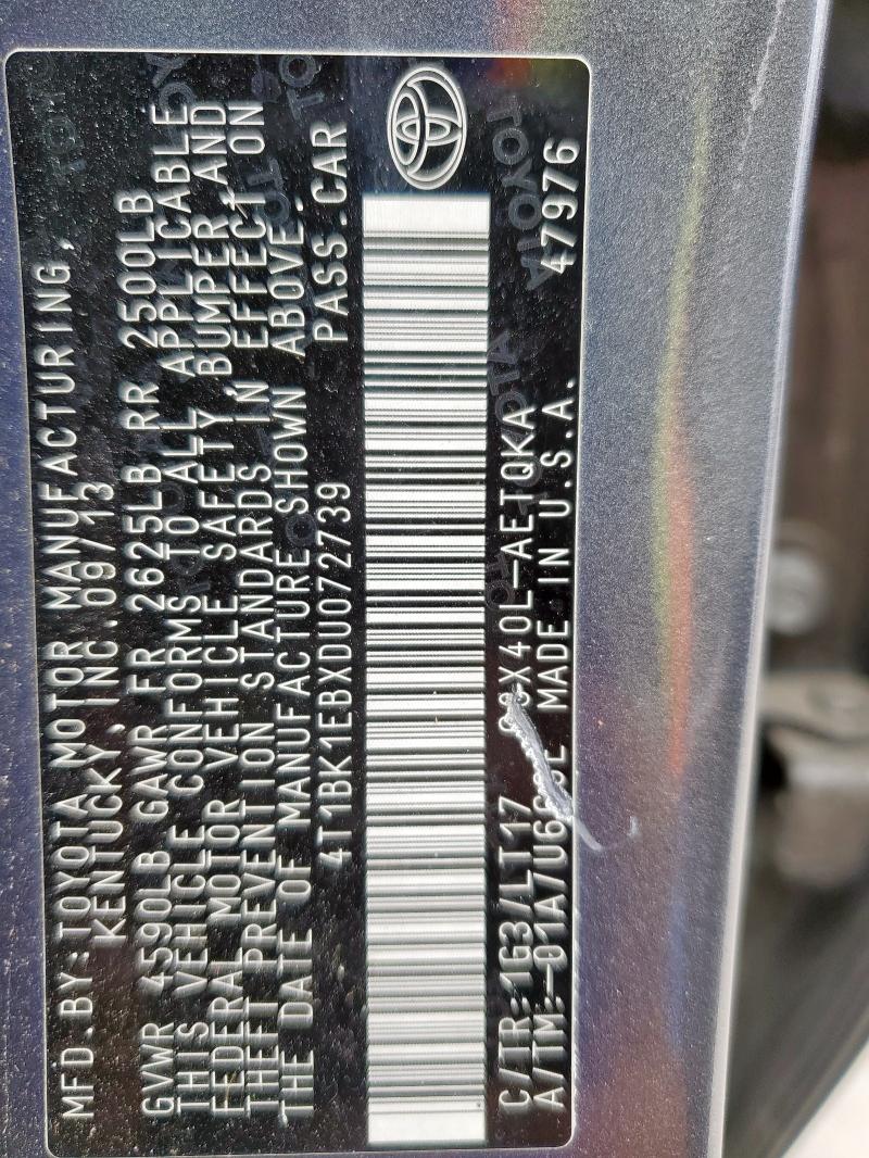 4T1BK1EBXDU072739 - 2013 TOYOTA AVALON BASE GRAY photo 12