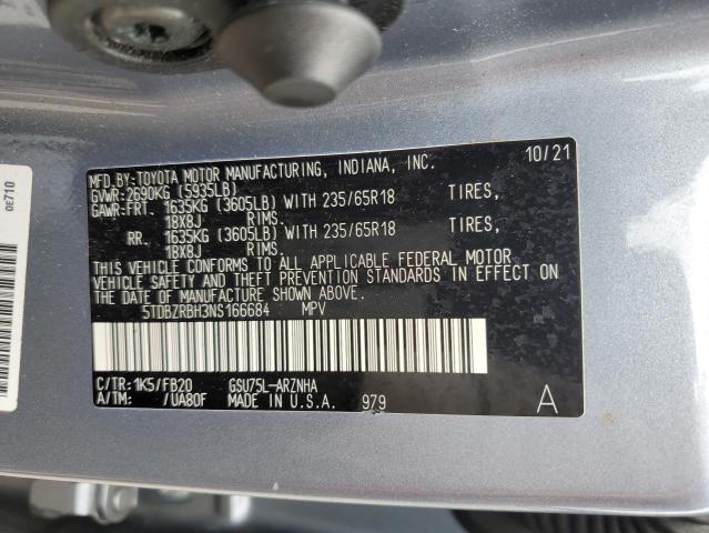 5TDBZRBH3NS166684 - 2022 TOYOTA HIGHLANDER L BLUE photo 13