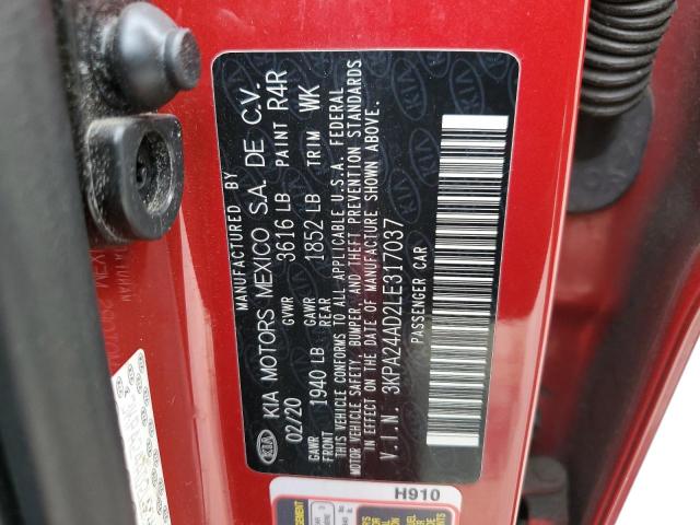 3KPA24AD2LE317037 - 2020 KIA RIO LX RED photo 12
