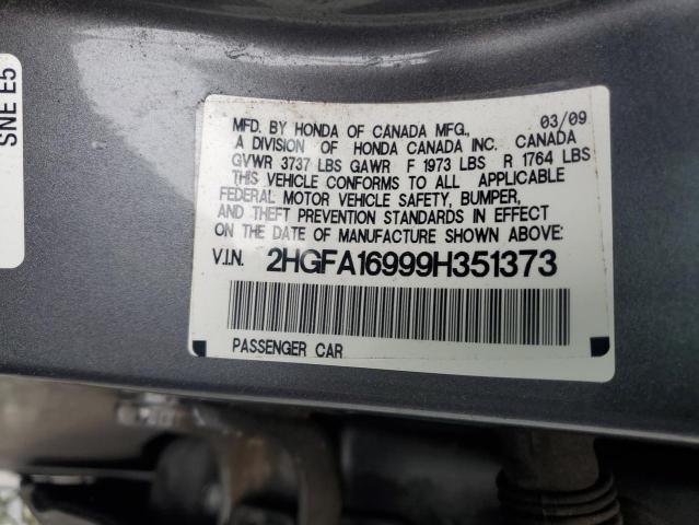 2HGFA16999H351373 - 2009 HONDA CIVIC EXL ნაცრისფერი ფოტო 12