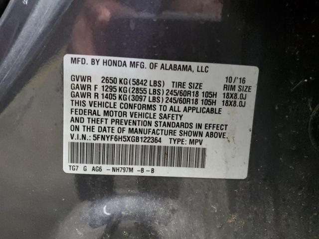 5FNYF6H5XGB122364 - 2016 HONDA PILOT EXL GRAY photo 13