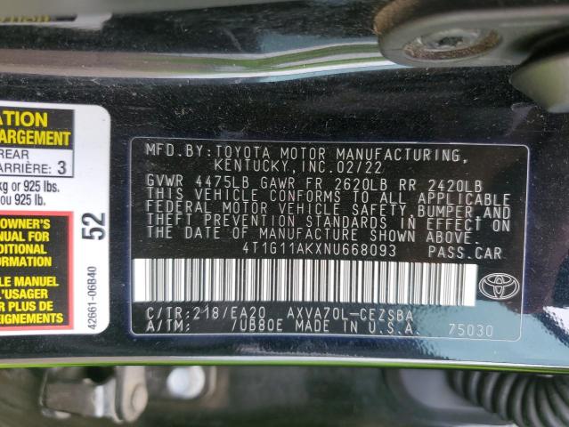 4T1G11AKXNU668093 - 2022 TOYOTA CAMRY SE შავი ფოტო 12