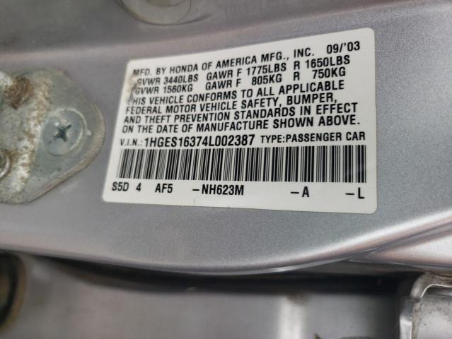 1HGES16374L002387 - 2004 HONDA CIVIC DX VP Boz foto 13