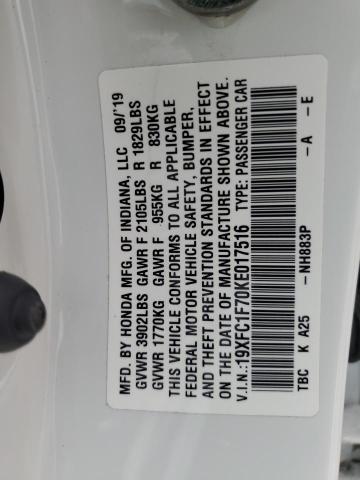 19XFC1F70KE017516 - 2019 HONDA CIVIC EXL 白色 照片 12