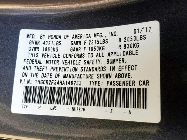 1HGCR2F54HA146233 - 2017 HONDA ACCORD SPORT  photo 10