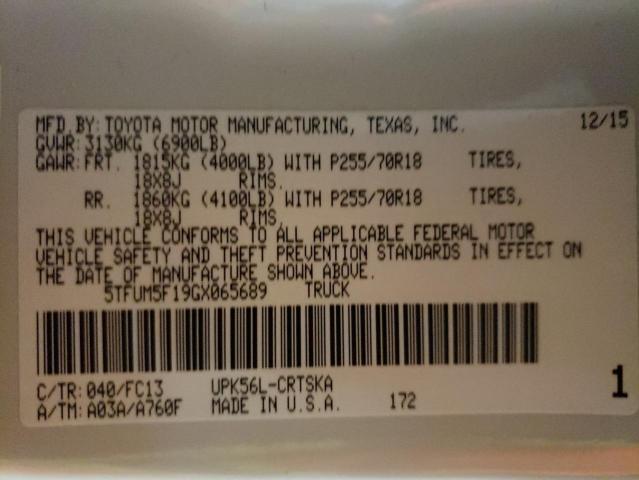 5TFUM5F19GX065689 - 2016 TOYOTA TUNDRA DOUBLE CAB SR/SR5 WHITE photo 10