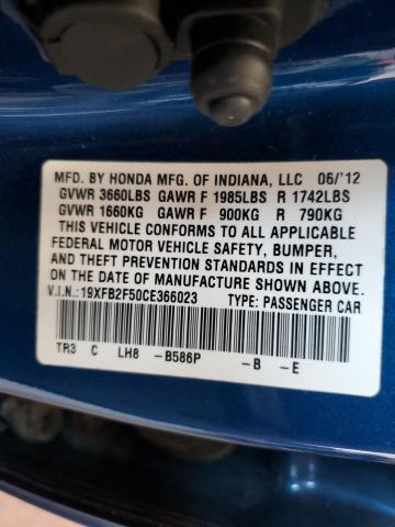 19XFB2F50CE366023 - 2012 HONDA CIVIC LX BLUE photo 13