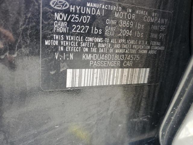 KMHDU46D18U374575 - 2008 HYUNDAI ELANTRA GLS BLACK photo 12