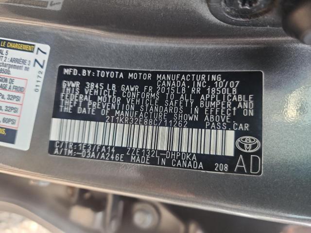 2T1KR32E88C711262 - 2008 TOYOTA COROLLA MA XR GRAY photo 10