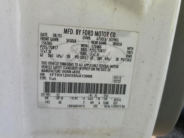 1FTRX12WX6NA13988 - 2006 FORD F150 WHITE photo 12