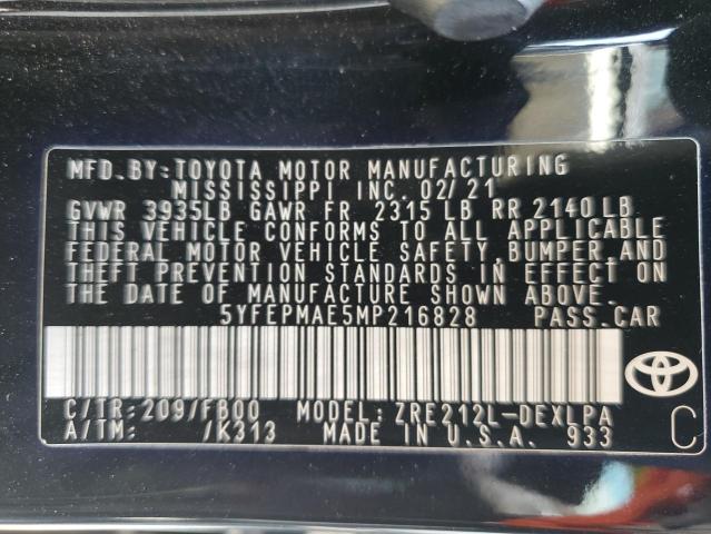 5YFEPMAE5MP216828 - 2021 TOYOTA COROLLA LE Սև լուսանկար 12