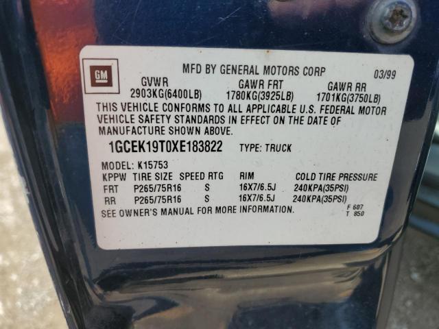 1GCEK19T0XE183822 - 1999 CHEVROLET SILVERADO K1500 BLUE photo 12