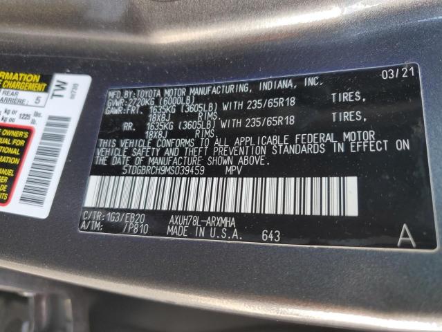 5TDGBRCH9MS039459 - 2021 TOYOTA HIGHLANDER HYBRID XLE GRAY photo 12