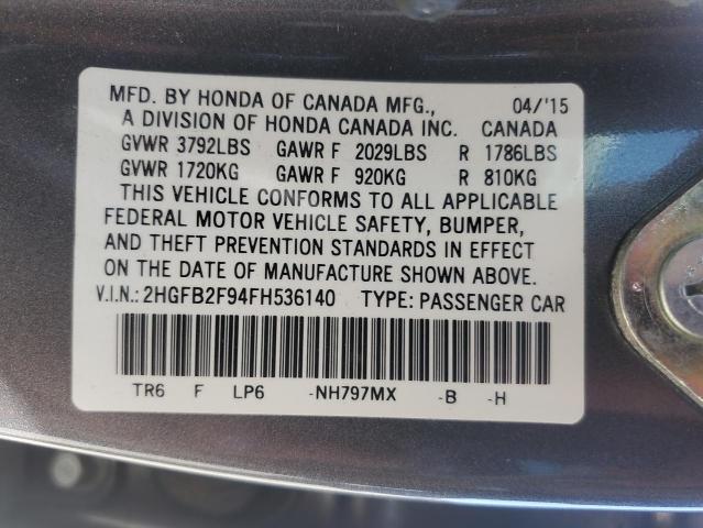2HGFB2F94FH536140 - 2015 HONDA CIVIC EXL 黑色 照片 12