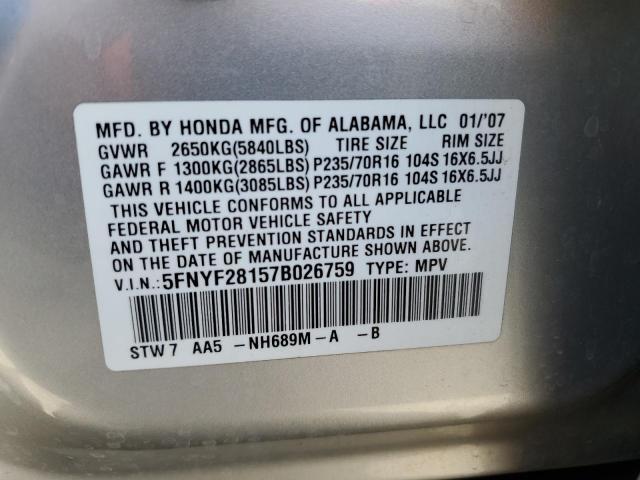 5FNYF28157B026759 - 2007 HONDA PILOT LX SILVER photo 12