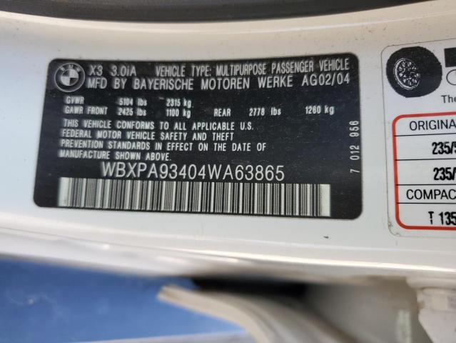 WBXPA93404WA63865 - 2004 BMW X3 3.0I WHITE photo 13