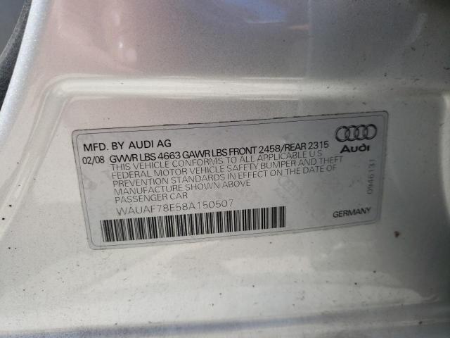 WAUAF78E58A150507 - 2008 AUDI A4 2.0T SILVER photo 12