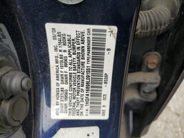 1HGFA16898L091551 - 2008 HONDA CIVIC EX BLUE photo 12