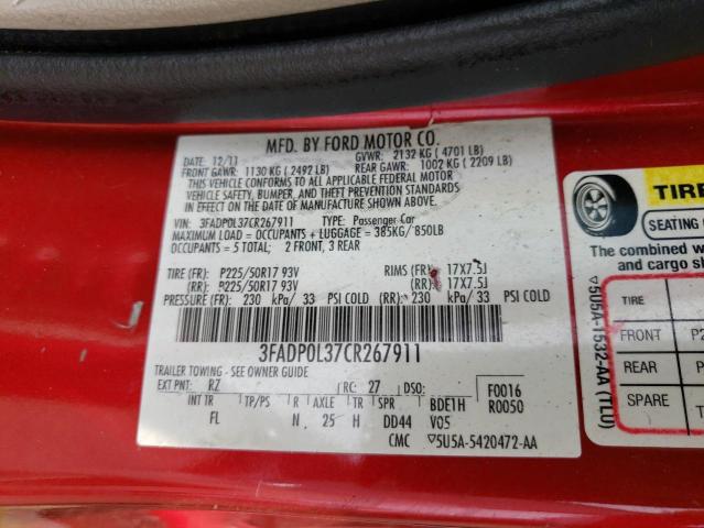 3FADP0L37CR267911 - 2012 FORD FUSION HYBRID RED photo 12