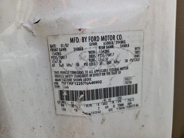 1FTRF12257NA46902 - 2007 FORD F150 WHITE photo 12