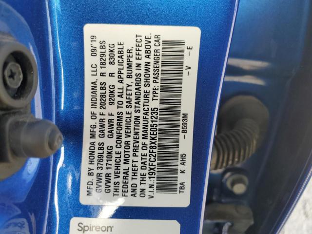 19XFC2F8XKE051235 - 2019 HONDA CIVIC SPORT BLUE photo 12