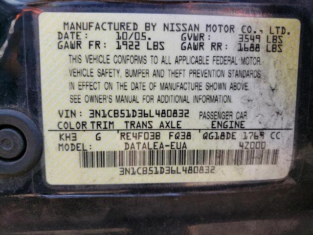 3N1CB51D36L480832 - 2006 NISSAN SENTRA 1.8 BLACK photo 12