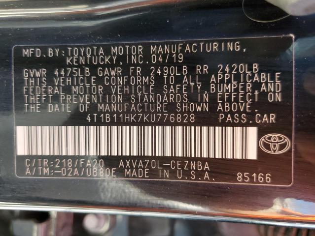 4T1B11HK7KU776828 - 2019 TOYOTA CAMRY L GRAY photo 13