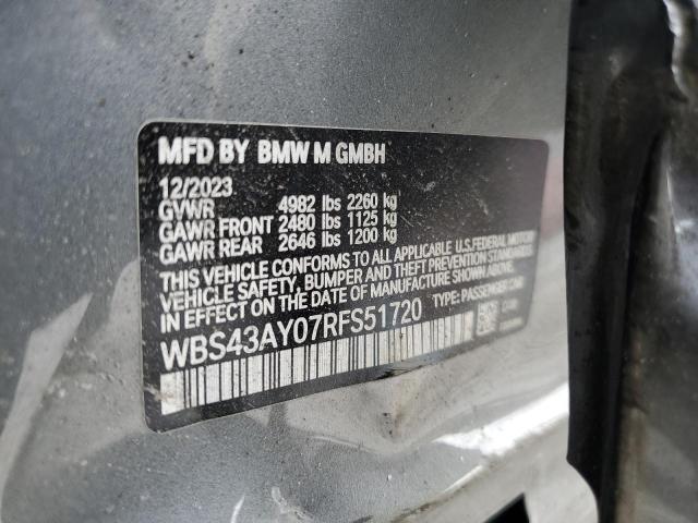 WBS43AY07RFS51720 - 2024 BMW M3 COMPETITION GRAY photo 13