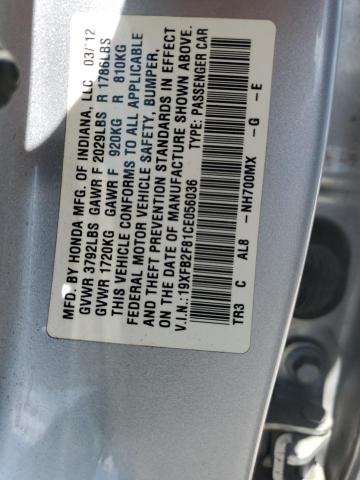 19XFB2F81CE056036 - 2012 HONDA CIVIC EX SILVER photo 13