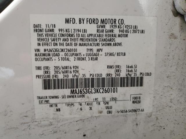 MAJ6S3GL3KC260101 - 2019 FORD ECOSPORT SE Biały zdjęcie 13