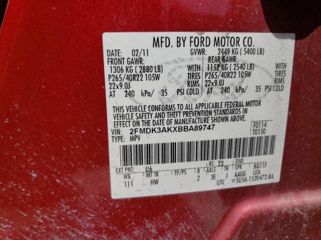2FMDK3AKXBBA89747 - 2011 FORD EDGE SPORT RED photo 13