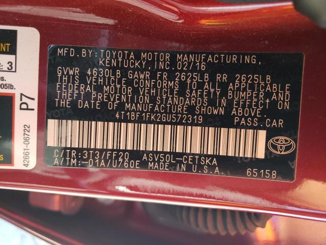 4T1BF1FK2GU572319 - 2016 TOYOTA CAMRY LE BURGUNDY photo 12