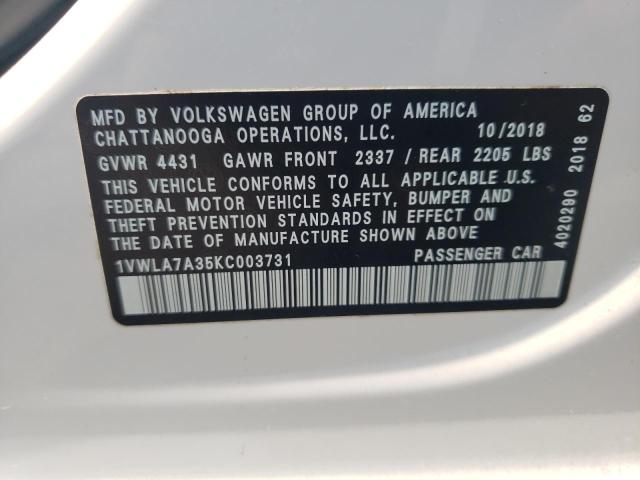 1VWLA7A35KC003731 - 2019 VOLKSWAGEN PASSAT WOLFSBURG WHITE photo 12