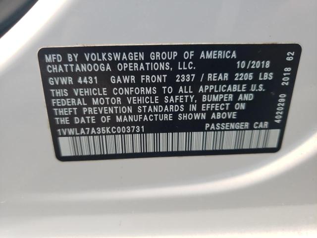 1VWLA7A35KC003731 - 2019 VOLKSWAGEN PASSAT WOLFSBURG WHITE photo 12