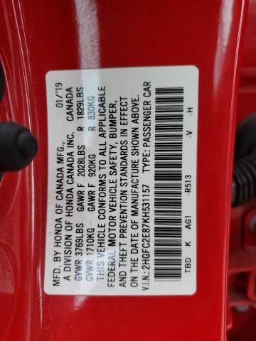 2HGFC2E87KH531157 - 2019 HONDA CIVIC SPORT 红色 照片 12