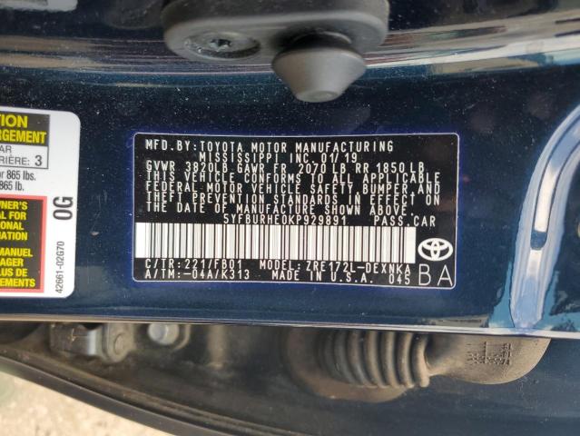 5YFBURHE0KP929891 - 2019 TOYOTA COROLLA L BLUE photo 12