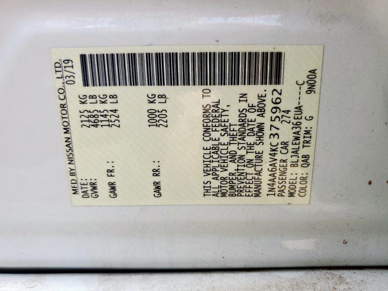 1N4AA6AV4KC375962 - 2019 NISSAN MAXIMA S WHITE photo 12