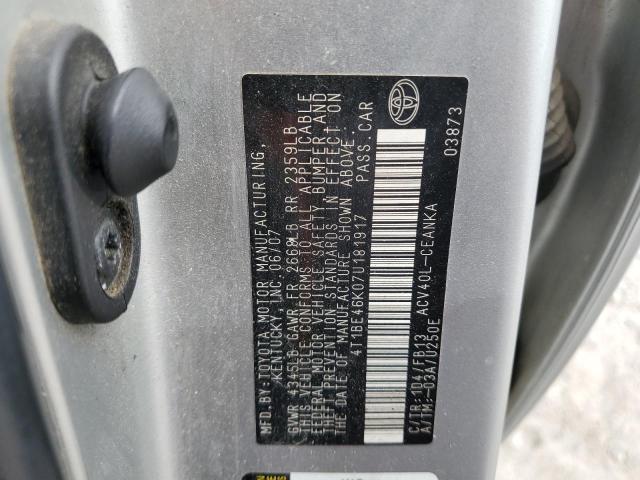 4T1BE46K07U181917 - 2007 TOYOTA CAMRY CE SILVER photo 12