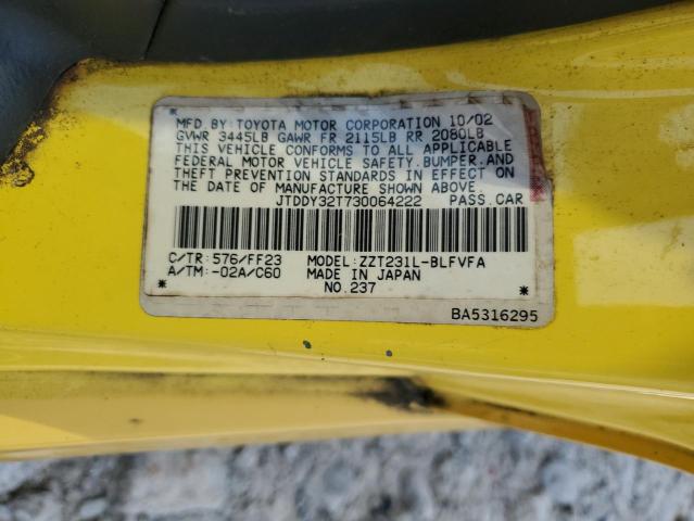 JTDDY32T730064222 - 2003 TOYOTA CELICA GT-S YELLOW photo 13