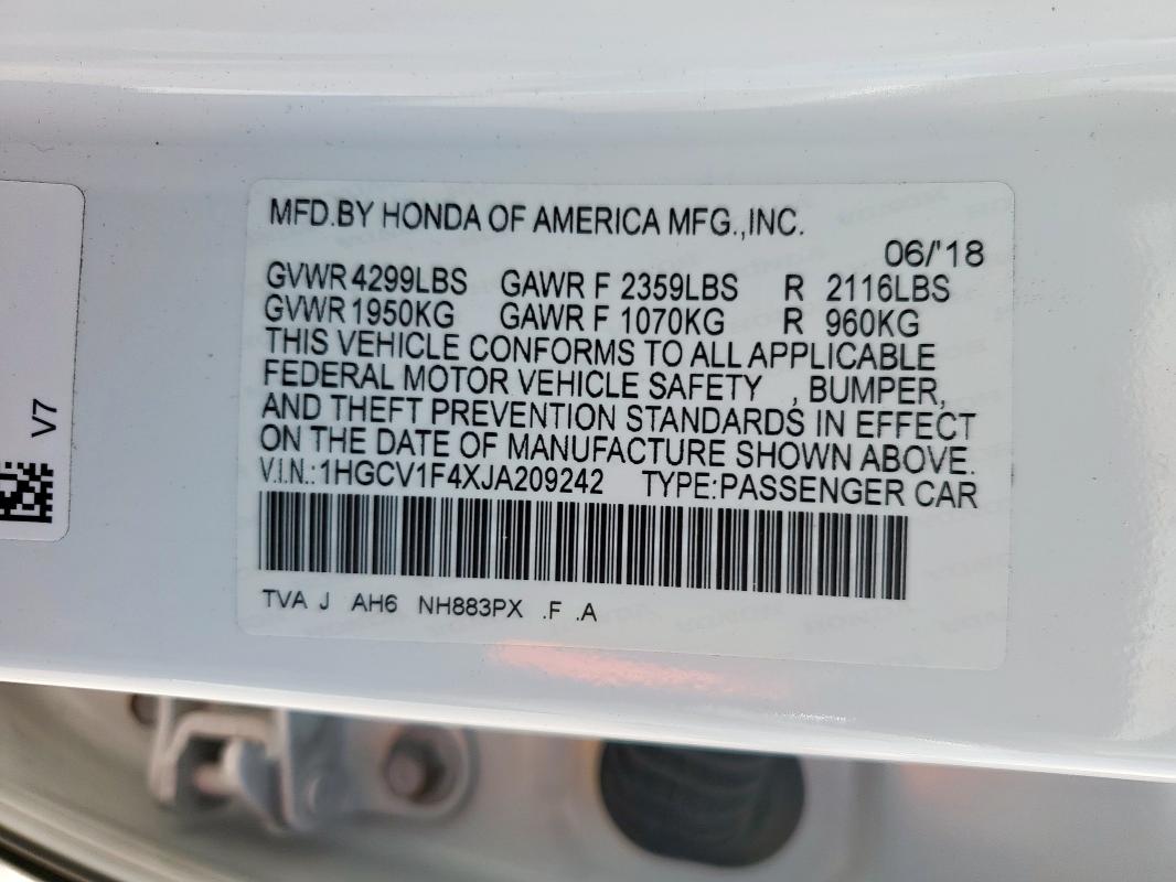 1HGCV1F4XJA209242 - 2018 HONDA ACCORD EX WHITE photo 13